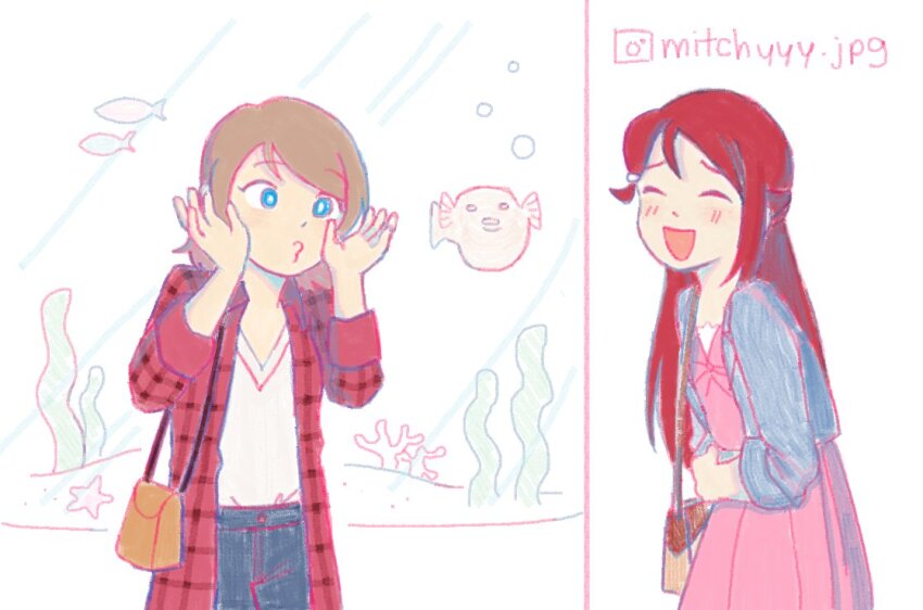 blue_eyes brown_hair denim dress fish jacket jeans long_hair looking_at_another love_live! love_live!_sunshine!! mulemount pants puffer_fish red_hair sakurauchi_riko shirt watanabe_you