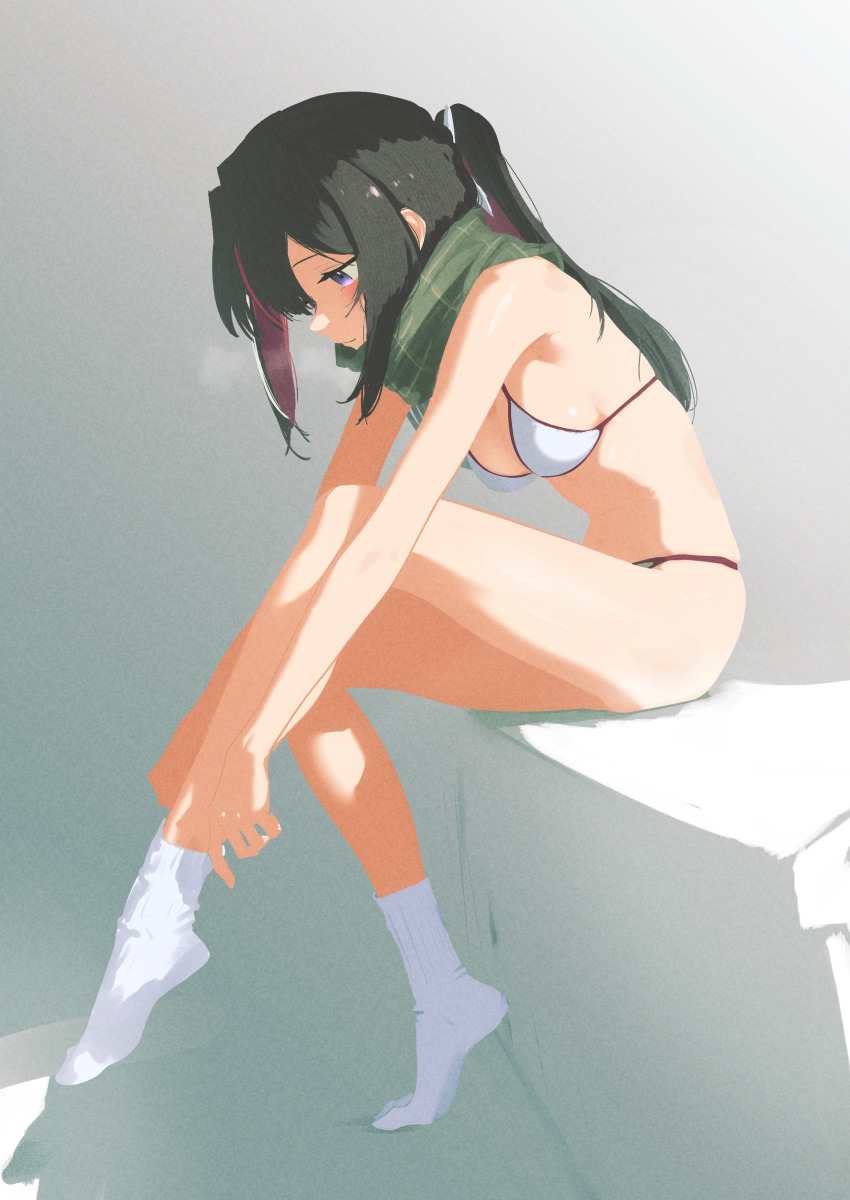 1girl absurdres adjusting_sock alternate_costume alternate_hairstyle azki_(hololive) bikini black_hair breasts cohi27151463 colored_inner_hair from_side full_body green_scarf grey_background highres hololive medium_breasts multicolored_hair no_shoes pink_hair ponytail purple_eyes scarf simple_background sitting socks solo swimsuit virtual_youtuber white_bikini white_socks