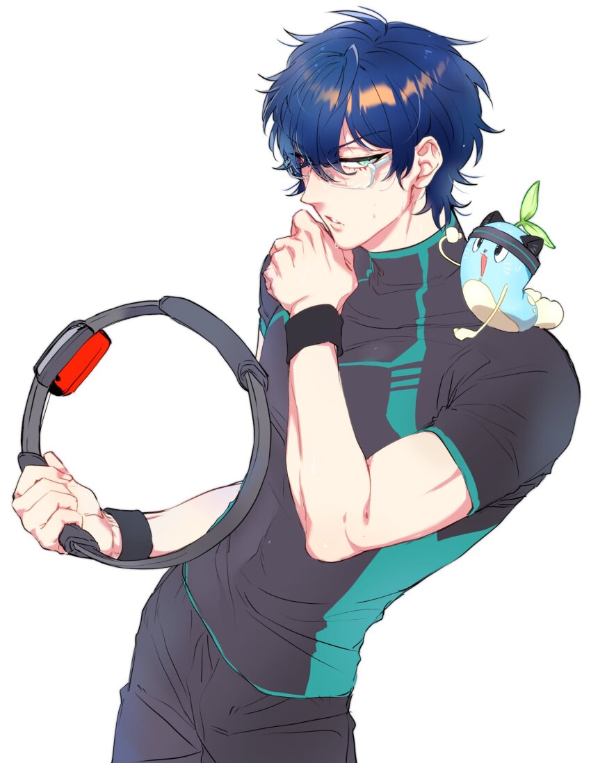 1boy animal animal_on_shoulder aqua_eyes black_pants black_shirt blue_hair gagake_v headband highres leos_vincent male_focus mameneko_(leos_vincent) nijisanji pants parted_lips ring_fit_adventure shirt short_hair sideways_glance simple_background solo sweat virtual_youtuber white-framed_eyewear white_background