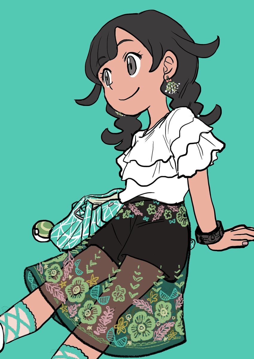 1girl alternate_costume arm_support black_hair bracelet braid closed_mouth commentary earrings elizabeth_(tomas21) eyelashes green_background green_bag grey_eyes highres jewelry nest_ball nintendo pokemon pokemon_usum see-through_clothes see-through_skirt selene_(pokemon) shirt short_sleeves shorts shorts_under_skirt simple_background skirt smile socks solo twin_braids twintails white_shirt