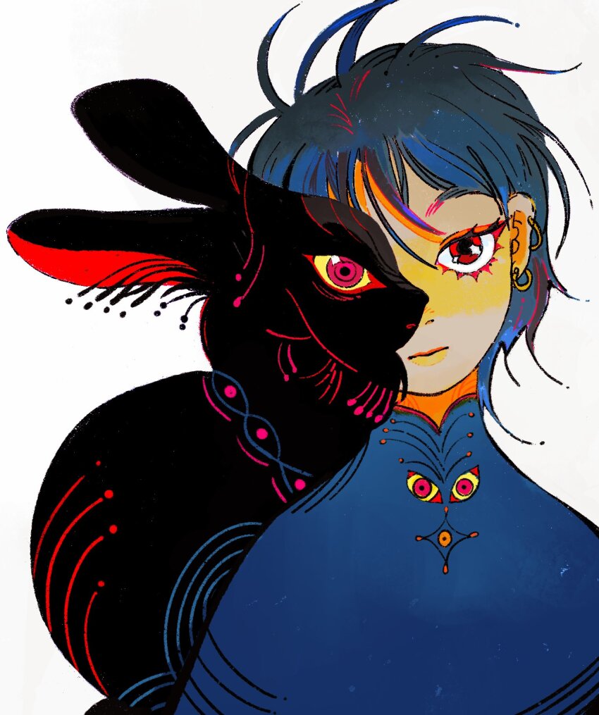 1girl animal animal_on_shoulder birdfrogdraws black_rabbit_(animal) blue_hair blue_shirt closed_mouth colored_sclera eyelashes highres looking_ahead looking_at_viewer mismatched_sclera nostrils optical_illusion original rabbit red_eyes shirt short_hair simple_background solo straight-on white_background wind yellow_sclera