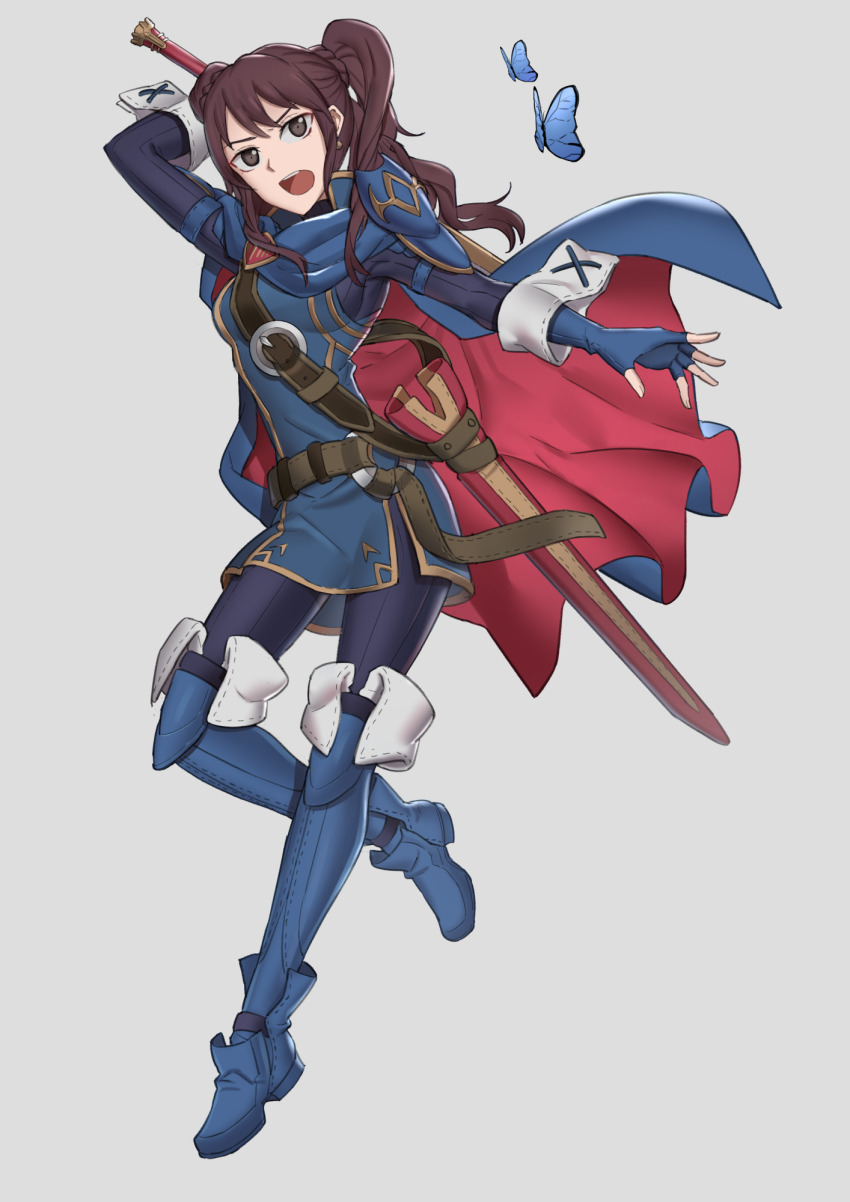 1girl alexis_tipton atlus black_eyes blue_butterfly blue_footwear brown_hair bug butterfly cosplay ebinku falchion_(fire_emblem) fingerless_gloves fire_emblem fire_emblem_awakening gloves highres holding holding_sword holding_weapon insect jake_brito kobayashi_yu kugimiya_rie kujikawa_rise laura_bailey lucina_(fire_emblem) lucina_(fire_emblem)_(cosplay) nintendo open_mouth persona persona_4 sword twintails two-tone_cape voice_actor_connection weapon