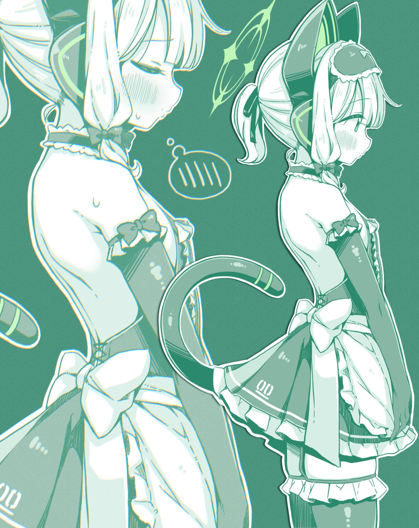 1girl alternate_costume animal_ear_headphones animal_ears apron back backless_outfit bare_shoulders blue_archive blush bow breasts cat_ear_headphones cat_ears cat_tail closed_eyes closed_mouth collar dress elbow_gloves embarrassed enmaided fake_animal_ears fake_tail frilled_apron frilled_collar frilled_dress frilled_gloves frilled_thighhighs frills from_side garter_straps gloves green_background green_halo green_theme halo headphones highres large_bow loli low-tied_sidelocks low_twintails maid microdress midori_(blue_archive) monochrome pleated_dress ponytail short_hair sidelocks simple_background sleeveless sleeveless_dress small_breasts solo spoken_blush standing sweatdrop tail takahero thighhighs thighs twintails zettai_ryouiki