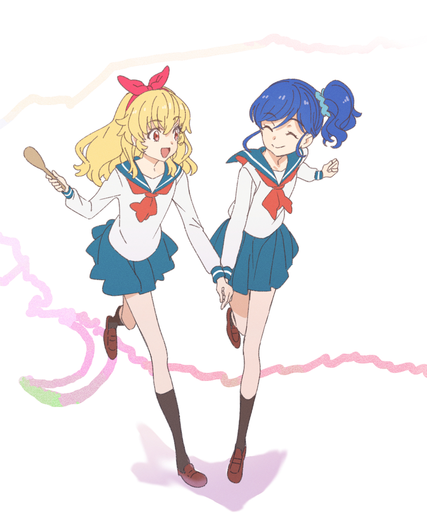 2girls :d aikatsu! aikatsu!_(series) black_socks blonde_hair blue_hair blue_sailor_collar blue_scrunchie blue_skirt bow bow_hairband brown_footwear closed_eyes dot_nose hair_bow hair_ornament hair_scrunchie hairband hand_up highres holding holding_hands hoshimiya_ichigo kiriya_aoi loafers long_hair long_sleeves looking_at_another medium_hair miniskirt multiple_girls neckerchief open_mouth pleated_skirt red_bow red_eyes red_hairband red_neckerchief running sailor_collar saitou_atsushi_(kamatamanankotu) school_uniform scrunchie shirt shoes side_ponytail sidelocks skirt smile socks straight_hair white_shirt