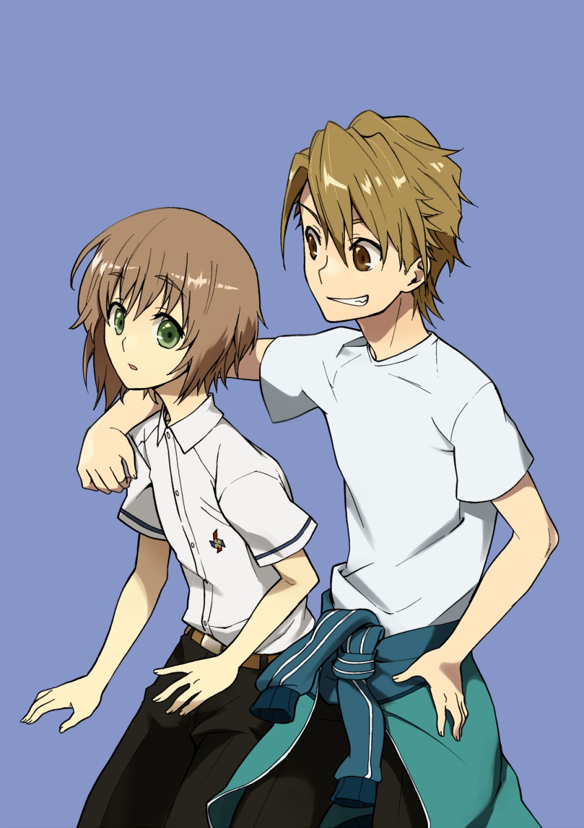 10s 2boys another arm_around_shoulder bad_id bad_pixiv_id brown_eyes brown_hair green_eyes highres male_focus mochizuki_yuuya multiple_boys school_uniform shirt short_hair t-shirt tamahiro teshigawara_naoya