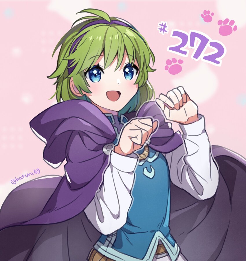 1girl :d absurdres belt blue_eyes cape commentary_request fire_emblem fire_emblem:_the_blazing_blade fire_emblem_heroes green_hair hairband highres katsura_ichiho long_sleeves nino_(fire_emblem) nintendo open_mouth paw_pose paw_print pink_background pouch purple_cape purple_hairband shirt short_hair simple_background smile solo twitter_username upper_body white_shirt