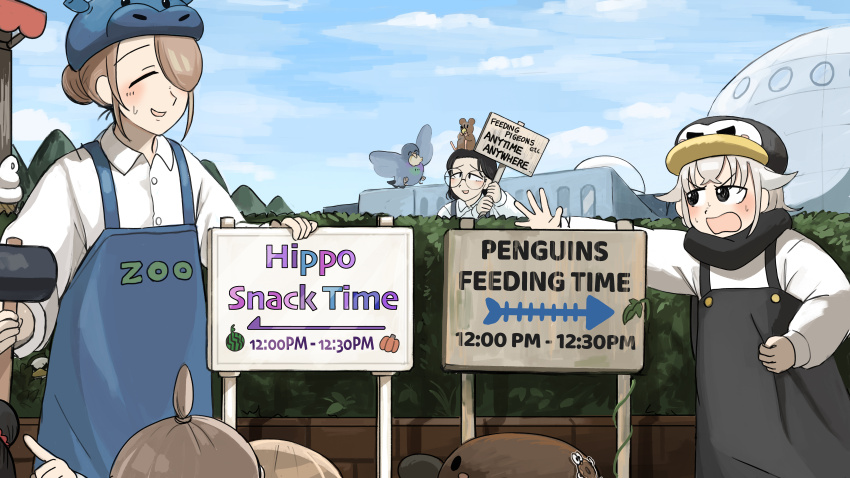 2boys 5girls absurdres apron bird black_hair black_overalls black_scarf blue_apron bob_cut_twin_(diva) brown_hair closed_eyes commentary diva_(hyxpk) donut_stamp duck english_commentary english_text food glasses grey_hair hair_over_one_eye hat hedge highres hippopotamus_keeper_(diva) holding holding_sign mouse_(animal) multiple_boys multiple_girls overalls penguin_fan_(diva) penguin_hat penguin_keeper_(diva) pigeon popcorn round_eyewear scarf shirt sign survey_girl_(diva) topknot_twin_(diva) urban_area_keeper_(diva) white_shirt zoo zookeeper zookeepers_(diva)