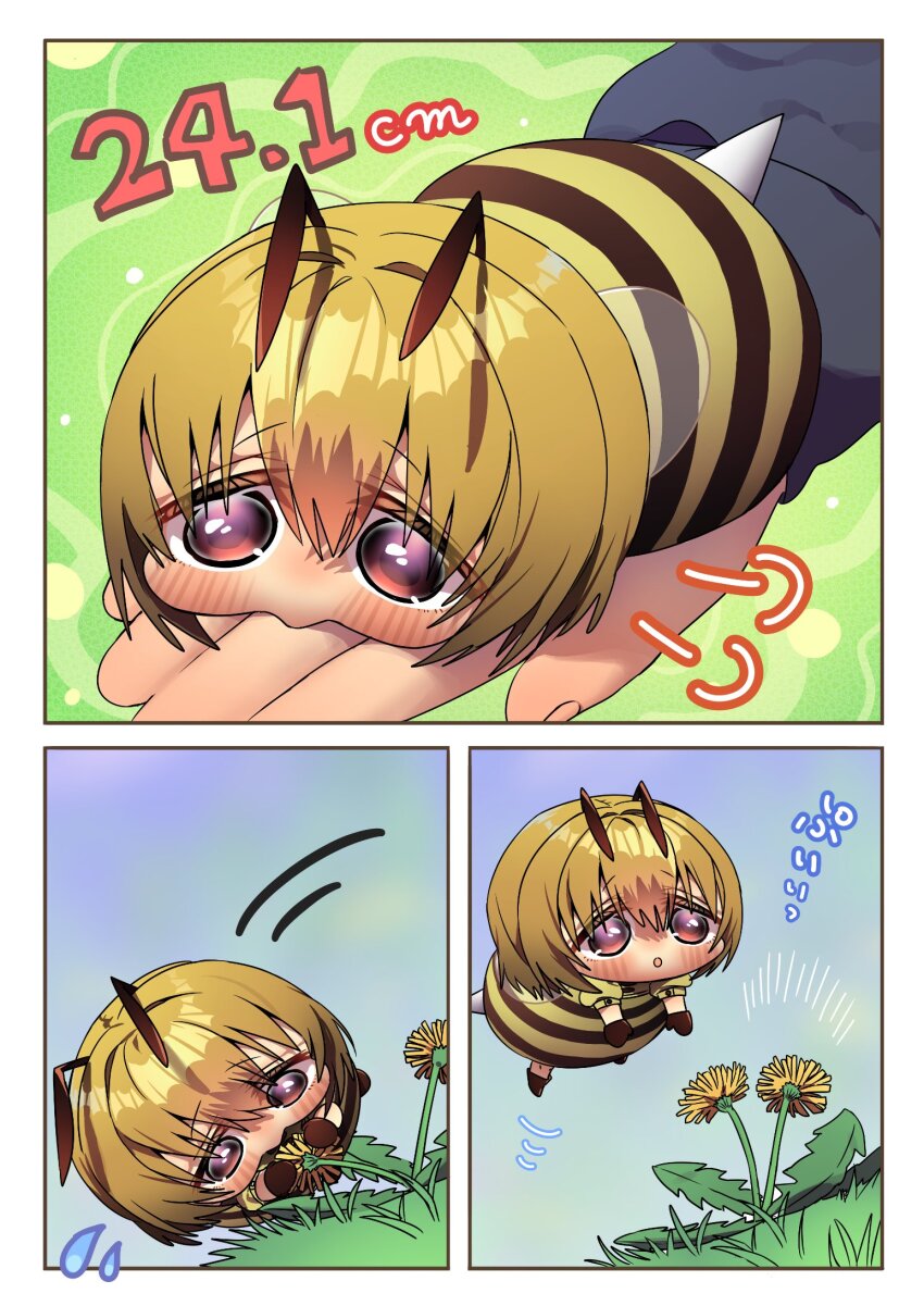 1boy 1girl antenna_hair arthropod_girl bee_antenna bee_girl bee_print blonde_hair brown_gloves centimeters flower gloves insect_girl measurements mini_person minigirl motion_lines on_hand original outdoors purple_eyes size_comparison size_difference sound_effects stinger swetdrop uryuuminene18 wings