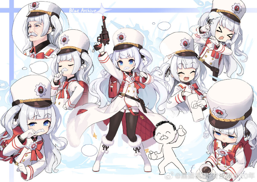 &gt;_&lt; :o black_pantyhose blue_archive blue_eyes boots cherino_(blue_archive) coat fake_facial_hair fake_mustache full_body fur-trimmed_boots fur-trimmed_coat fur_trim gloves gun hand_on_own_hip handgun kinjo_kuromomo pantyhose revolver smile smug snowball speech_bubble sulking thought_bubble weapon white_gloves white_hair