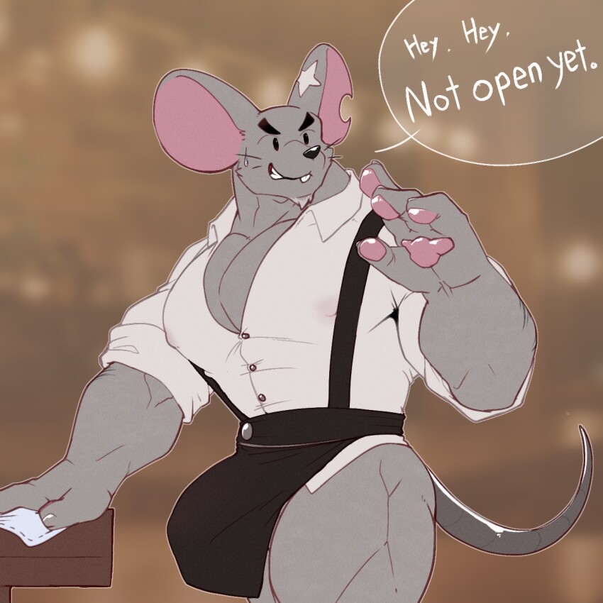 1boy animal_ears apron bara buck_teeth cheesemaster_(cookie_run) claws commentary cookie_run cookie_run:_witch&#039;s_castle croiyan english_commentary english_text furry furry_male highres looking_to_the_side male_focus mouse_boy mouse_ears mouse_tail muscular muscular_male no_pants notched_ear pawpads pectorals scar scar_on_ear shirt smile speech_bubble sweatdrop tail teeth waist_apron whiskers white_shirt