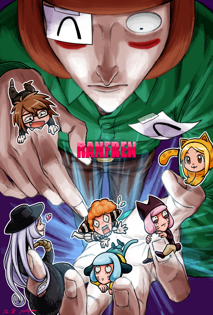 2girls 5boys animal_costume animal_hat black_eyes blonde_hair blue_hair brown_hair cat_boy cat_costume cat_hat cat_tail chibi clown commentary_request cosplay extra_eyes green_shirt hat highres human_head in_palm kigurumi kitty_carpet_(randal&#039;s_friends) kyamiiiiiiiii long_hair luther_von_ivory multiple_boys multiple_girls nana_(randal&#039;s_friends) nyen_(randal&#039;s_friends) nyon_(randal&#039;s_friends) orange_hair pink_hair purple_background purple_hair randal&#039;s_friends randal_ivory sebastian_de_tomato_smith_chicken_legs shirt short_hair snake_girl tail taped_note