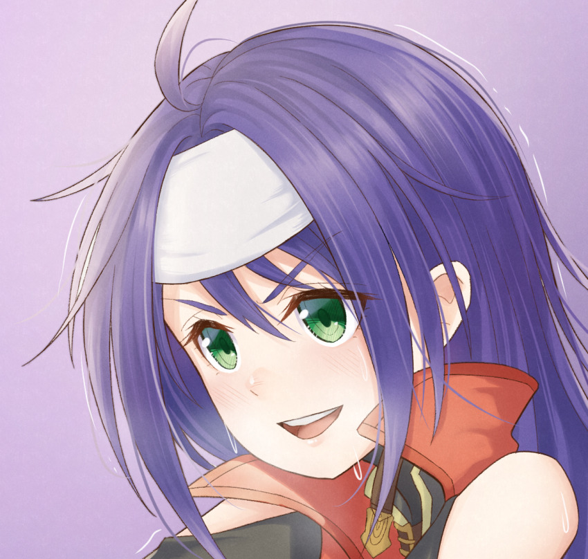 1girl ahoge atorie commission commissioner_upload fire_emblem fire_emblem:_path_of_radiance fire_emblem:_radiant_dawn green_eyes hairband headband light_blush messy_hair mia_(fire_emblem) nintendo open_mouth pixiv_commission popped_collar purple_hair shaking solo sweat white_hairband white_headband