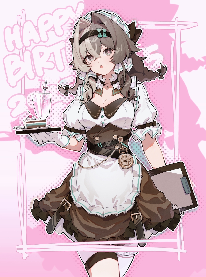 1girl 2025 :o absurdres alternate_costume apron black_hairband breasts brown_dress brown_hair cake cake_slice chinese_commentary commentary_request cowboy_shot dress drink enioreh food gloves grey_eyes hair_intakes hairband happy_birthday highres holding holding_notepad honkai_(series) honkai_impact_3rd large_breasts maid maid_apron maid_headdress medium_hair notepad pink_background solo thigh_strap thighs vill-v white_apron white_gloves
