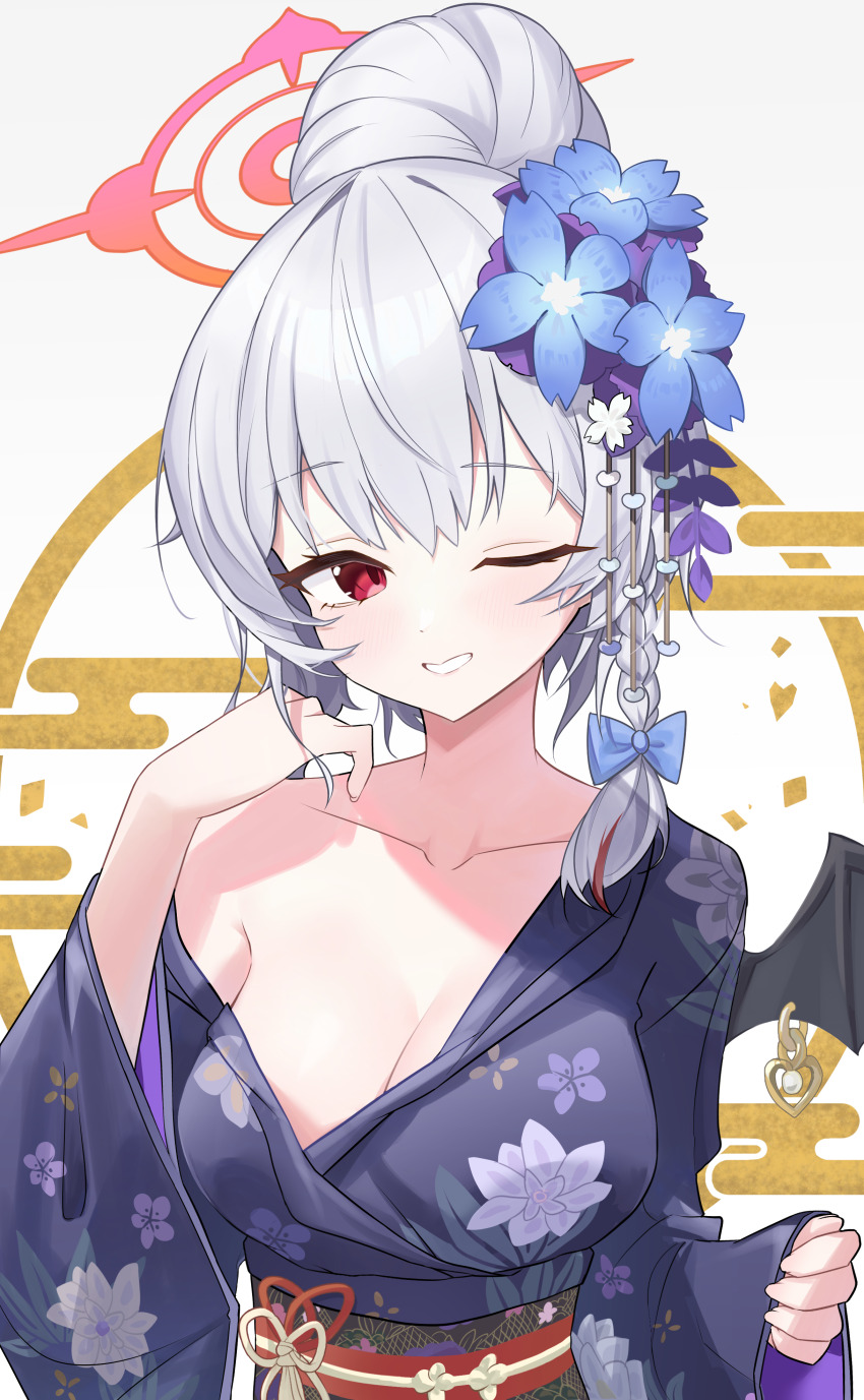 1girl ;d absurdres black_kimono black_sash blue_archive blue_bow blue_flower blush bow braid breasts cherry_blossom_print chinese_commentary cleavage collarbone commentary commentary_request english_commentary eyelashes floral_print floral_print_kimono flower grey_hair grin hair_between_eyes hair_bow hair_bun hair_flower hair_ornament halo hand_up haruna_(blue_archive) haruna_(new_year)_(blue_archive) highres japanese_clothes kanzashi kimono large_breasts lcz long_sleeves looking_at_viewer medium_hair mixed-language_commentary nengajou new_year no_bra official_alternate_costume official_alternate_hairstyle one_eye_closed open_mouth print_kimono red_eyes red_halo sash simple_background single_bare_shoulder single_braid single_hair_bun smile solo tsurime upper_body white_background white_flower wide_sleeves x_hair_ornament