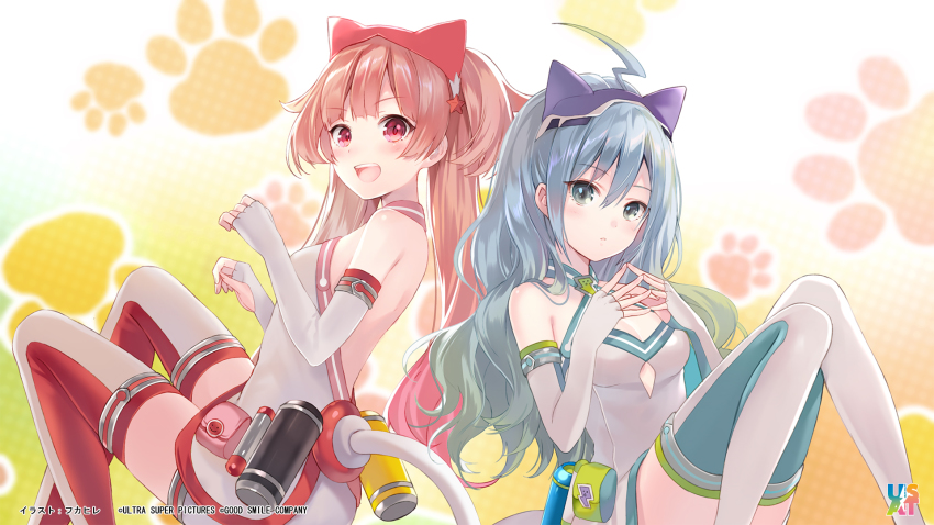 2girls :d ahoge aqua_eyes aqua_hair aqua_thighhighs artist_name clothing_cutout company_name elbow_gloves end_card fingerless_gloves from_side fukahire_(ruinon) gloves highres long_hair looking_at_viewer multiple_girls open_mouth paw_print red_eyes red_hair red_legwear smile steepled_fingers sumako_(ultra_super_anime_time) supika_(ultra_super_anime_time) thighhighs twintails ultra_super_anime_time underboob_cutout