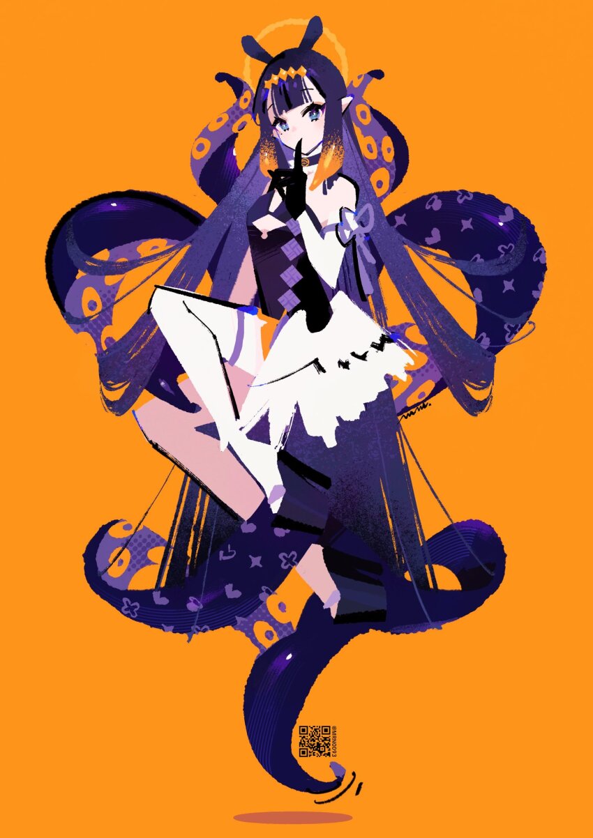 1girl black_dress blue_eyes blunt_bangs choker commentary detached_sleeves diamond_hairband dress floating full_body fur-trimmed_choker fur-trimmed_collar fur_choker fur_trim gloves gradient_hair halo halo_behind_head highres hololive hololive_english long_hair looking_at_viewer low_wings manodemarina mole mole_under_eye multicolored_hair ninomae_ina&#039;nis ninomae_ina&#039;nis_(1st_costume) orange_background orange_hair platform_clogs platform_sandals pointy_ears purple_hair sandals sidelocks simple_background solo strapless strapless_dress symbol-only_commentary tentacle_hair tentacles tube_dress very_long_hair virtual_youtuber wings