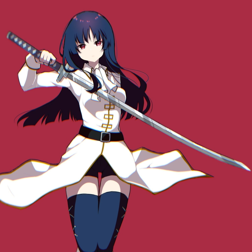 1girl arm_behind_back ascot belt black_hair blue_thighhighs blurry cowboy_shot depth_of_field female_focus gintama head_tilt highres holding holding_weapon imai_nobume katana long_hair looking_at_viewer military military_uniform red_background red_eyes short_shorts shorts solo standing sword takae_(poupee_en_biscuit) thighhighs thighs tsuba_(guard) tsuka-ito tsuka_(handle) weapon