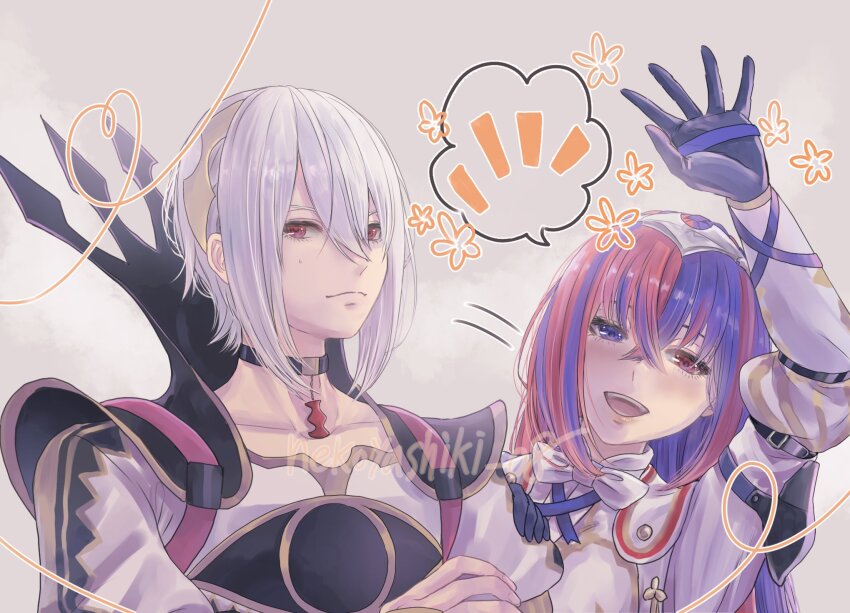 1boy 1girl alear_(female)_(fire_emblem) armored_collar blue_eyes blue_hair crossed_arms fire_emblem fire_emblem_engage hair_between_eyes heterochromia highres looking_at_viewer nekoyashiki_08 nintendo rafal_(fire_emblem) red_eyes red_hair smile speech_bubble waving white_hair
