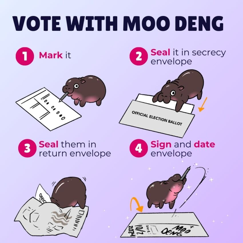 2024_us_election animal_focus arrow_(symbol) artist_request black_eyes commentary english_commentary english_text envelope hippopotamus how_to looking_at_viewer moo_deng mouth_hold no_humans purple_background real_life shaking smile sparkle writing