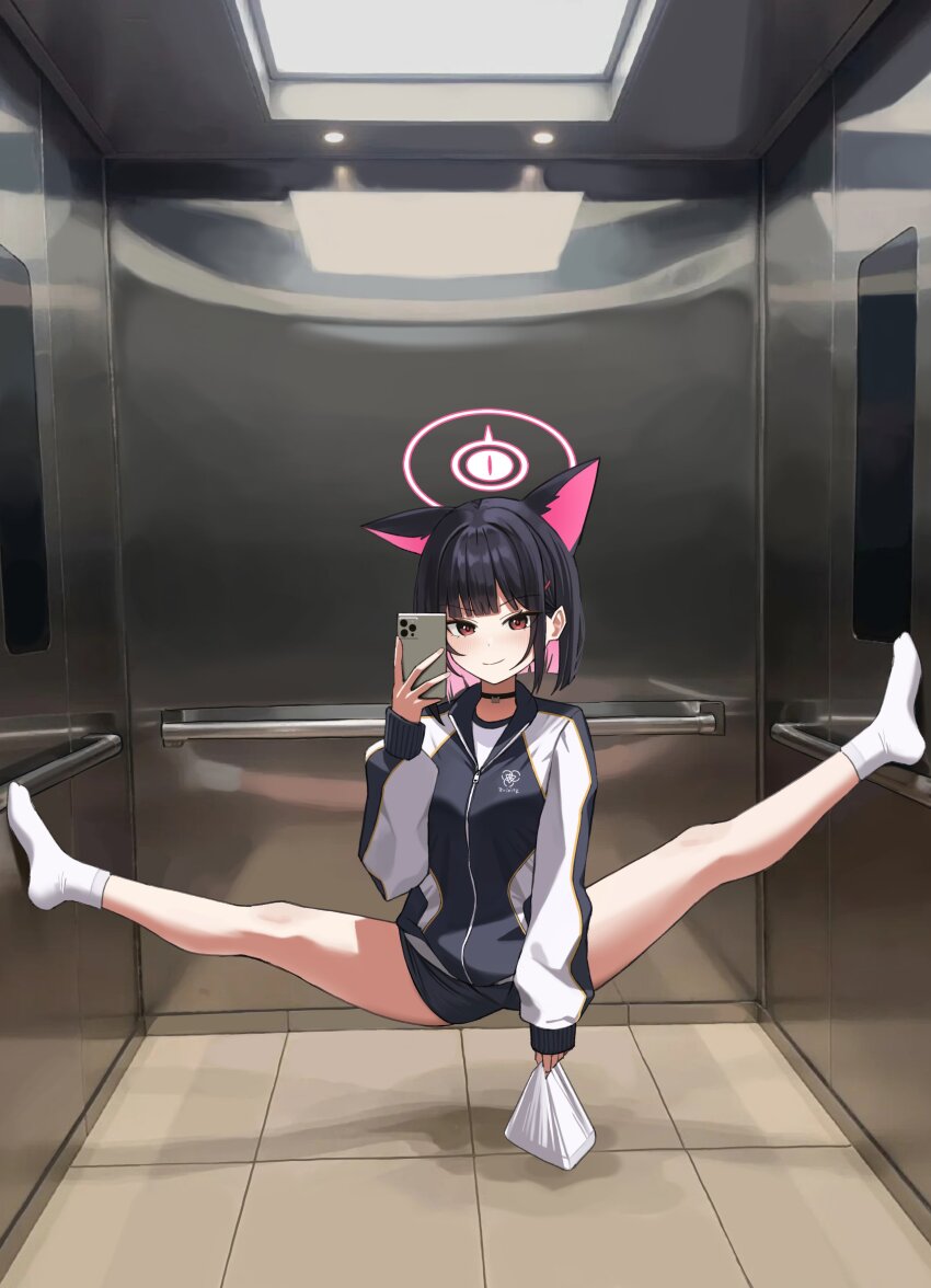 1girl absurdres animal_ears arm_up bag black_choker black_hair blue_archive blunt_bangs cat_ears choker closed_mouth colored_inner_hair elevator flexible grey_jacket grey_shorts gym_shorts gym_uniform halo highres holding holding_bag holding_phone indoors jacket kazusa_(blue_archive) looking_at_viewer momocadraw multicolored_hair multicolored_jacket no_shoes phone pink_hair pink_halo plastic_bag red_eyes selfie shorts side_sitting_split smile smirk socks solo two-tone_hair two-tone_jacket white_jacket white_socks