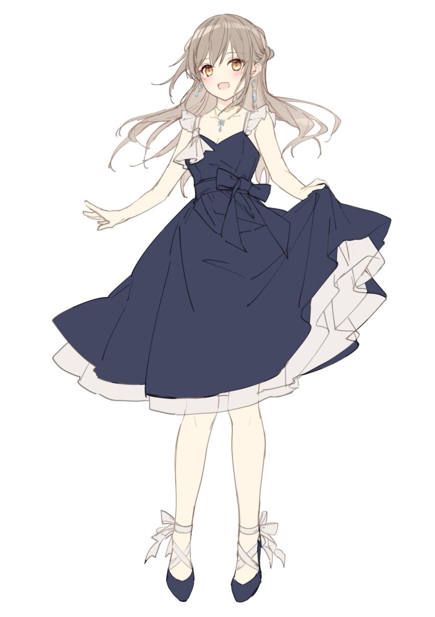 1girl bare_arms black_dress black_shoes blush breasts brown_eyes brown_hair cleavage collarbone commentary_request dress floating_hair full_body highres long_hair mochizuki_shiina original shoes simple_background skirt_hold sleeveless sleeveless_dress small_breasts solo standing very_long_hair white_background