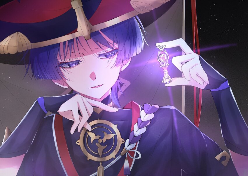 1boy armor black_bodysuit black_hat black_sleeves blunt_ends bodysuit colored_eyelashes covered_collarbone eyeliner eyeshadow genshin_impact glowing_object gnosis_(genshin_impact) gold grey_veil hand_up hat highres japanese_armor jewelry jingasa kote kurokote looking_at_object makeup male_focus mandarin_collar mitsudomoe_(shape) neck_ring night night_sky open_mouth outdoors partially_shaded_face purple_eyes purple_hair purple_rope red_eyeliner red_eyeshadow red_hat rope scaramouche_(genshin_impact) see-through_clothes see-through_veil shimenawa single_sode sky solo star_(sky) starry_sky toa_scara tomoe_(symbol) tsurime two-tone_hat veil white_rope