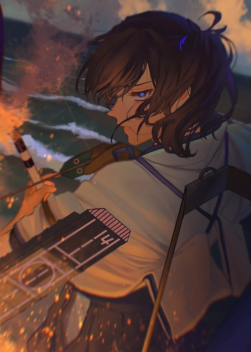 1girl arrow_(projectile) bow_(weapon) brown_eyes brown_hair commentary_request embers flight_deck from_behind gloves glowing_pupils hair_tie hakama hakama_skirt highres holding holding_arrow holding_bow_(weapon) holding_weapon horizon japanese_clothes kaga_(kancolle) kantai_collection kimono looking_at_viewer medium_hair ocean oucha_(aupt31) partially_fingerless_gloves partly_fingerless_gloves rigging side_ponytail skirt tasuki waves weapon white_kimono yugake yumi_(bow)