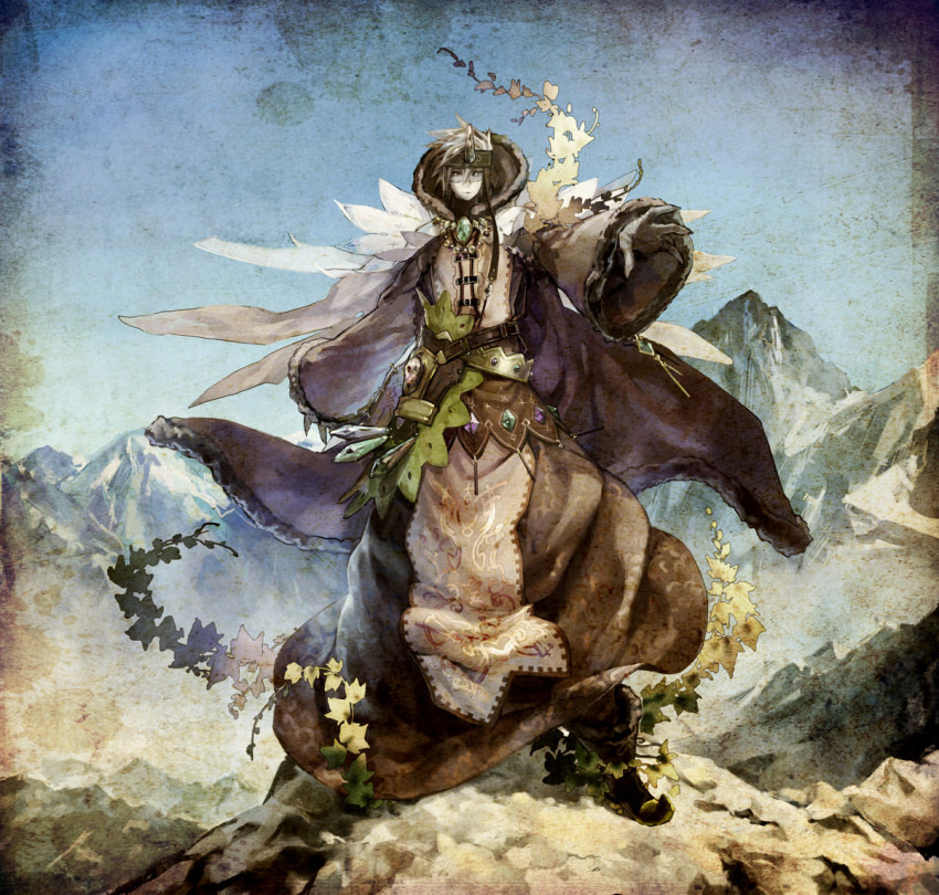 1boy blue_sky celestial_stones ivy male_focus mountain original outstretched_arm plant sky smoky_quartz_(personification) solo standing yamada_rokkaku