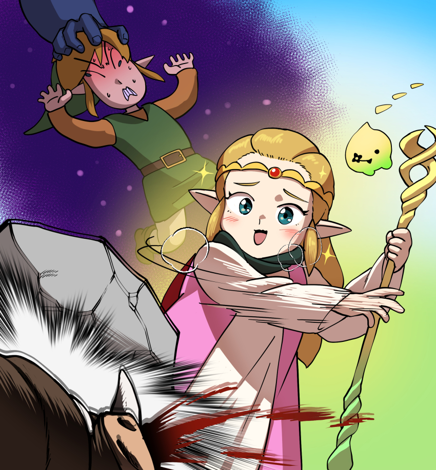 blonde_hair blood blue_eyes check_commentary circlet commentary_request dress ganon happy head_grab heydove highres korean_commentary light_blush link moblin nintendo pink_dress pointy_ears princess_zelda rock staff the_legend_of_zelda the_legend_of_zelda:_echoes_of_wisdom tri_(zelda) violence white_dress