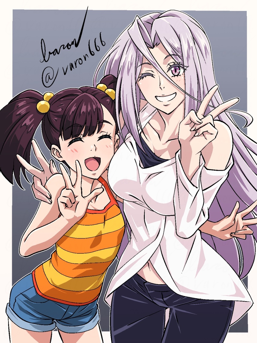 2girls baron_(varon666) breasts closed_eyes fuuto_tantei highres large_breasts long_hair multiple_girls navel one_eye_closed purple_eyes purple_hair smile tokime_(fuuto_tantei) twintails varon