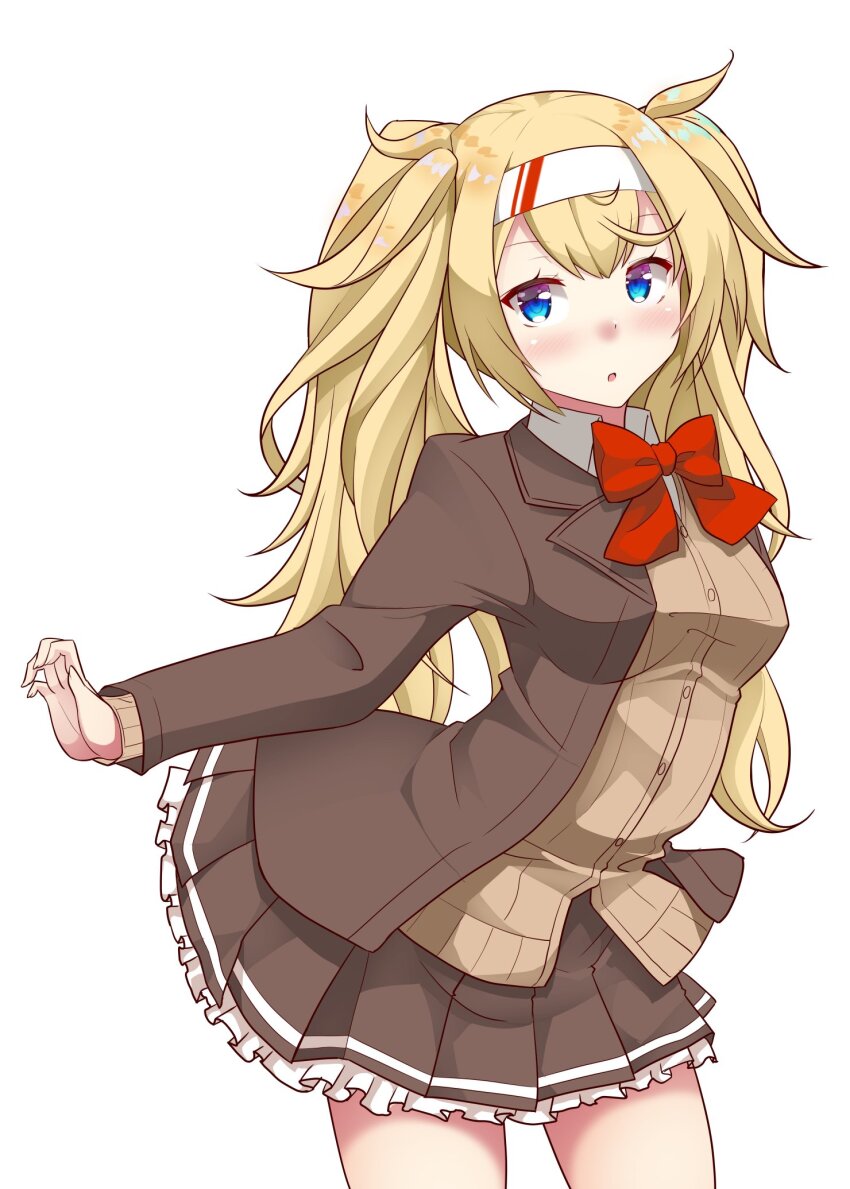 1girl :o alternate_costume blazer blonde_hair blue_eyes blush bow breasts brown_cardigan brown_dress brown_jacket brown_skirt cardigan collared_shirt cosplay cowboy_shot dress frilled_skirt frills gambier_bay_(kancolle) hair_between_eyes hairband head_tilt highres jacket kantai_collection kirigakure_(kirigakure_tantei_jimusho) kumano_(kancolle) kumano_(kancolle)_(cosplay) kumano_kai_ni_(kancolle) large_breasts long_hair open_clothes open_jacket open_mouth parted_lips pleated_skirt red_bow shirt sidelocks skirt twintails very_long_hair white_background white_shirt