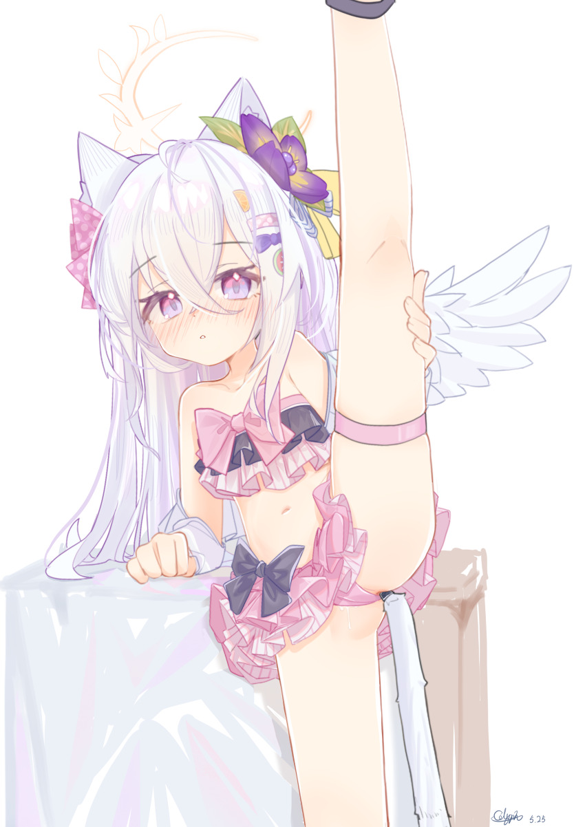 1girl absurdres anal anal_beads anal_object_insertion anal_tail animal_ears azusa_(blue_archive) azusa_(swimsuit)_(blue_archive) bikini bikini_bottom_aside blue_archive butt_plug cat_ears cat_tail chinese_commentary clothing_aside commentary_request crossed_bangs fake_tail feathered_wings glyphsss highres leg_up long_hair object_insertion official_alternate_costume parted_lips partial_commentary pink_bikini purple_eyes pussy_juice split standing standing_on_one_leg standing_split swimsuit tail thigh_strap white_hair wings