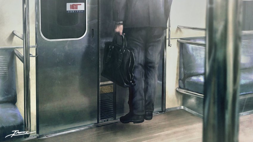 1boy bag black_footwear black_pants black_suit blurry blurry_foreground door floating formal_clothes fracoco handbag head_out_of_frame highres horror_(theme) male_focus original pants pole seat solo suit train_interior