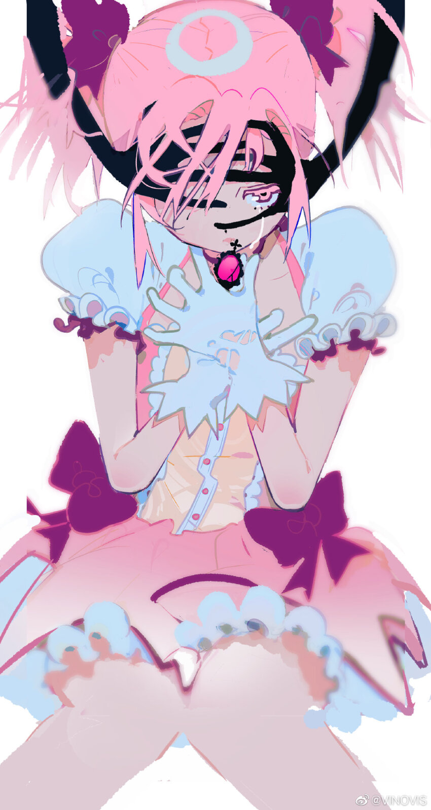 1girl artist_name bow colored_eyelashes commentary dress dress_bow gloves hair_bow hands_on_another&#039;s_face hands_on_own_chest highres kaname_madoka kaname_madoka_(magical_girl) magical_girl mahou_shoujo_madoka_magica mahou_shoujo_madoka_magica_(anime) multicolored_dress one_eye_covered pink_dress pink_eyes pink_hair puffy_short_sleeves puffy_sleeves short_sleeves short_twintails sitting solo soul_gem tears tears_from_one_eye twintails vivinos watermark weibo_watermark white_gloves yellow_dress