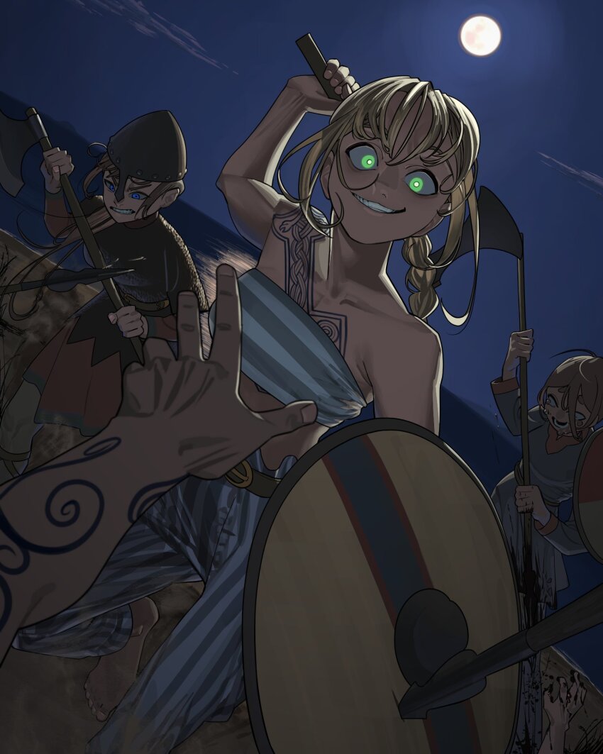 3girls arm_tattoo armor attack axe barefoot battle battle_axe beach bikini blonde_hair blood blood_on_hands blood_splatter bloody_weapon blue_eyes breasts brown_hair chainmail chest_tattoo cloud commentary evil_grin evil_smile fingernails full_moon glowing glowing_eyes green_eyes grin helmet highres holding holding_axe holding_polearm holding_shield holding_weapon horizon horizontal-striped_bikini long_hair long_sleeves looking_at_viewer medium_breasts midriff moon moonlight multiple_girls night night_sky ocean open_mouth original outdoors over_shoulder pants parrying polearm pov pov_hands pzkpfwi shield shoulder_tattoo sky smile spear standing strapless strapless_bikini striped_bikini striped_clothes striped_pants swimsuit tattoo teeth vertical-striped_clothes vertical-striped_pants weapon