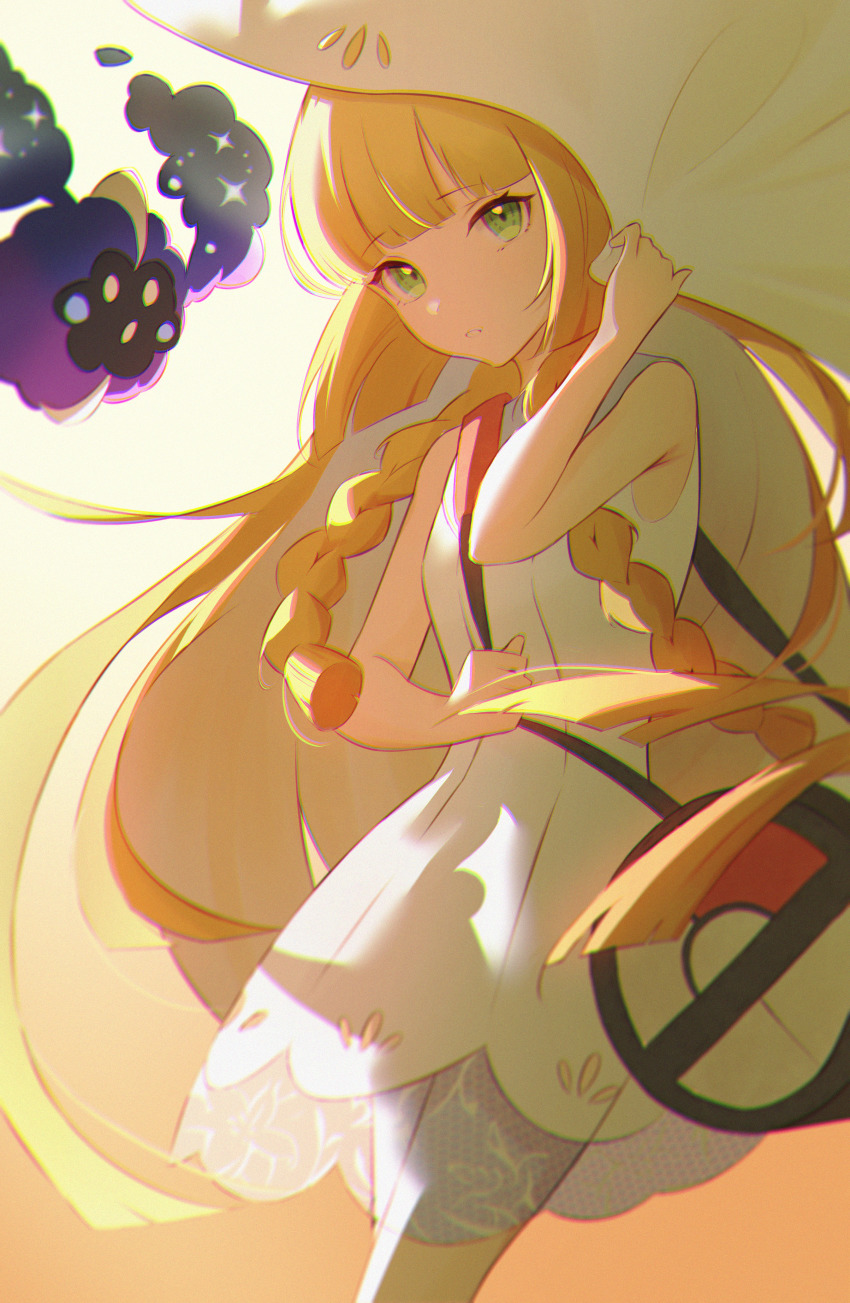 1girl absurdres bag blonde_hair blunt_bangs braid collared_dress commentary cosmog dress duffel_bag eyelashes gen_7_pokemon green_eyes highres holding holding_strap legendary_pokemon lillie_(pokemon) long_hair looking_at_viewer nintendo parted_lips poke_ball_theme pokemon pokemon_(creature) pokemon_sm see-through_clothes sleeveless sleeveless_dress sundress twin_braids wesly2300 white_dress