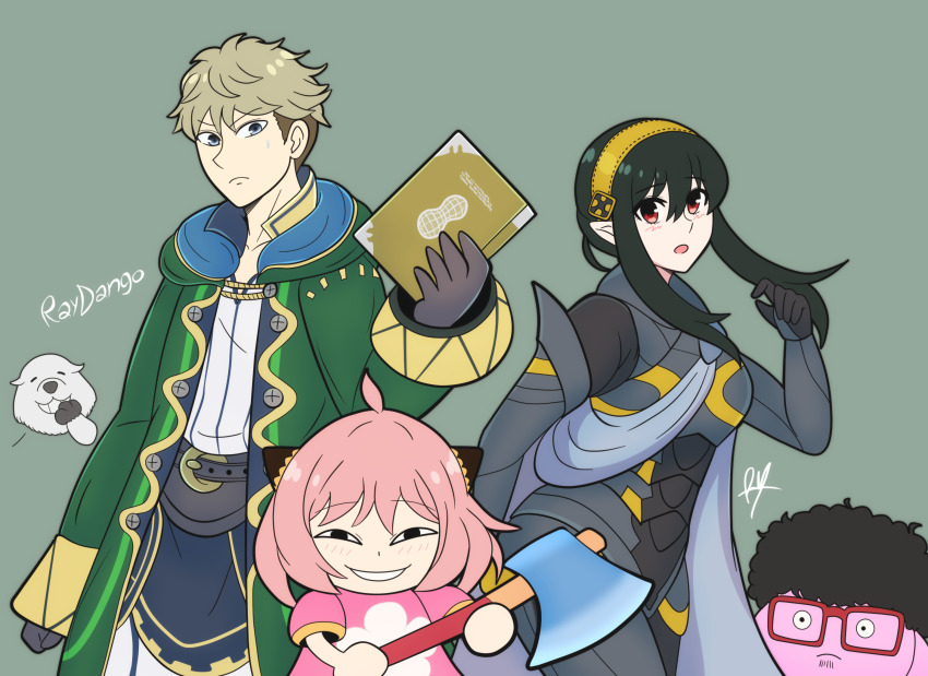 2boys 2girls afro animal_crossing anya&#039;s_heh_face_(meme) anya_(spy_x_family) artist_name axe black_hair blonde_hair blouse blue_eyes blush bond_(spy_x_family) child corrin_(female)_(fire_emblem) corrin_(female)_(fire_emblem)_(cosplay) corrin_(fire_emblem) cosplay crossover fire_emblem fire_emblem_awakening fire_emblem_fates fire_emblem_if franky_franklin frown glasses green_robe grin highres kirby kirby_(cosplay) kirby_(series) male_robin_(fire_emblem) male_robin_(fire_emblem)_(cosplay) meme multiple_boys multiple_girls nintendo pink_hair pink_shirt possessed possession raydango red_eyes robe shirt simple_background smile spirit spirit_(super_smash_bros.) spy_x_family super_smash_bros. twilight_(spy_x_family) villager_(animal_crossing) villager_(animal_crossing)_(cosplay) yor_briar