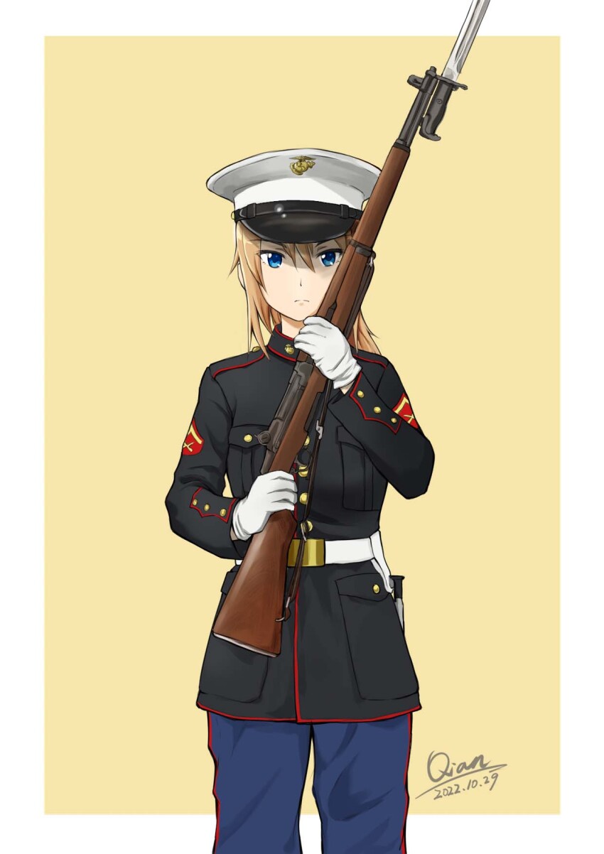 1girl bayonet belt black_jacket blonde_hair blue_eyes blue_pants bolt_action commentary_request cowboy_shot gloves gun hat highres holding holding_gun holding_weapon jacket long_hair long_sleeves m1_garand military military_dress_uniform military_rank_insignia military_uniform original pants peaked_cap qian rifle solo standing united_states_marine_corps weapon white_belt white_gloves white_hat