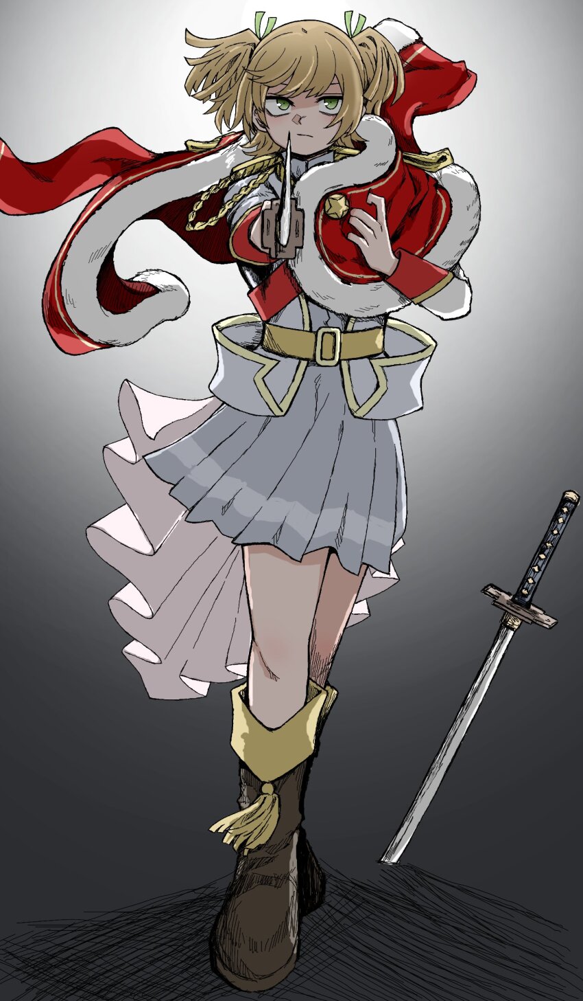 1girl :/ absurdres aiguillette aiming aiming_at_viewer belt belt_buckle black_boots blonde_hair boots buckle closed_mouth commentary daiba_nana epaulettes fe_(tetsu) full_body fur-trimmed_jacket fur_trim gradient_background green_eyes green_ribbon grey_background grey_skirt hair_ribbon hands_up highres holding holding_sword holding_weapon jacket jacket_on_shoulders katana long_sleeves looking_at_viewer miniskirt outstretched_arm planted planted_sword planted_weapon pleated_skirt pointing_melee_weapon pointing_sword red_jacket red_sash ribbon sash shaded_face short_hair short_twintails shoujo_kageki_revue_starlight shoulder_sash single_stripe skirt solo standing striped_clothes striped_skirt sword tassel twintails waist_cape weapon white_jacket yellow_belt
