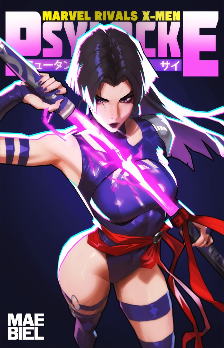 1girl absurdres armpits black_hair breasts earrings gloves highleg highleg_leotard highres holding holding_sword holding_weapon jewelry large_breasts leotard long_hair looking_at_viewer maebiel marvel marvel_rivals psylocke psylocke_(vengeance) purple_eyes purple_leotard sash solo superhero_costume sword thighhighs waist_sash weapon x-men