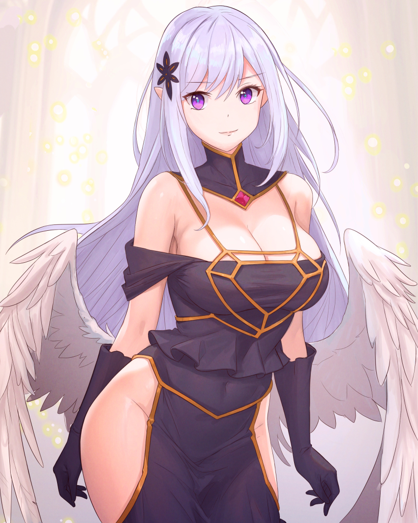 1girl absurdres adapted_costume albedo_(overlord) albedo_(overlord)_(cosplay) bare_shoulders black_dress black_gloves blue_pupils breasts cleavage commission commissioner_upload cosplay covered_navel cowboy_shot dress elbow_gloves elf feathered_wings gem gloves hair_ornament hairpin highres hip_vent large_breasts long_hair looking_at_viewer low_neckline low_wings no_bra no_horns no_panties non-web_source off-shoulder_dress off_shoulder orange_trim overlord_(maruyama) pointy_ears purple_eyes re:zero_kara_hajimeru_isekai_seikatsu red_gemstone satella_(re:zero) smile solo thighs tight_clothes tight_dress truejekart white_hair white_wings wings