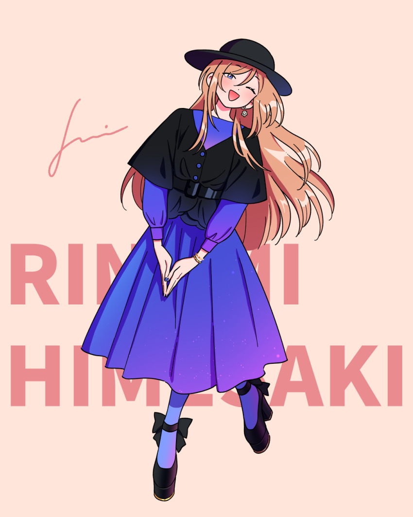 belt black_hat blue_eyes bracelet brown_hair character_name dress earrings full_body gakuen_idolmaster gradient_clothes gradient_dress hair_between_eyes hat highres himesaki_rinami idolmaster jennie_congee jewelry layered_clothes long_hair long_sleeves one_eye_closed own_hands_together platform_heels puffy_long_sleeves puffy_sleeves simple_background strappy_heels wide_sleeves
