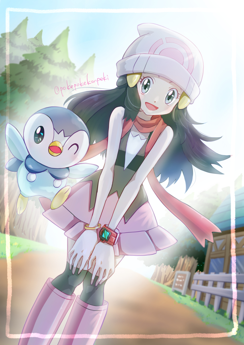 1girl :d bare_shoulders black_dress black_eyes black_hair black_socks boots commentary_request dawn_(pokemon) dress gen_4_pokemon hair_ornament hairclip hands_on_own_knees hat highres kneehighs long_hair looking_at_viewer nintendo open_mouth pink_boots pink_skirt piplup pokemon pokemon_(creature) pokemon_dppt pokepokekonpeki red_scarf scarf skirt sleeveless sleeveless_dress smile socks tree white_hat