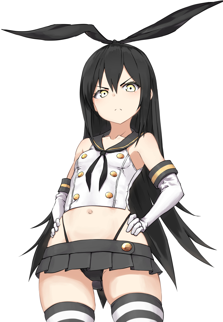 1girl absurdres black_hair black_hairband black_neckerchief black_panties black_skirt breasts commentary_request cosplay crop_top elbow_gloves girls&#039;_frontline gloves hair_between_eyes hairband highleg highleg_panties highres horizontal-striped_thighhighs judge_(girls&#039;_frontline) kantai_collection long_hair looking_at_viewer lowleg lowleg_skirt microskirt navel neckerchief panties pleated_skirt sailor_collar sangvis_ferri shimakaze_(kancolle) shimakaze_(kancolle)_(cosplay) skirt small_breasts solo striped_clothes striped_thighhighs thighhighs thong underwear very_long_hair white_gloves yellow_eyes zafuri_(yzrnegy)
