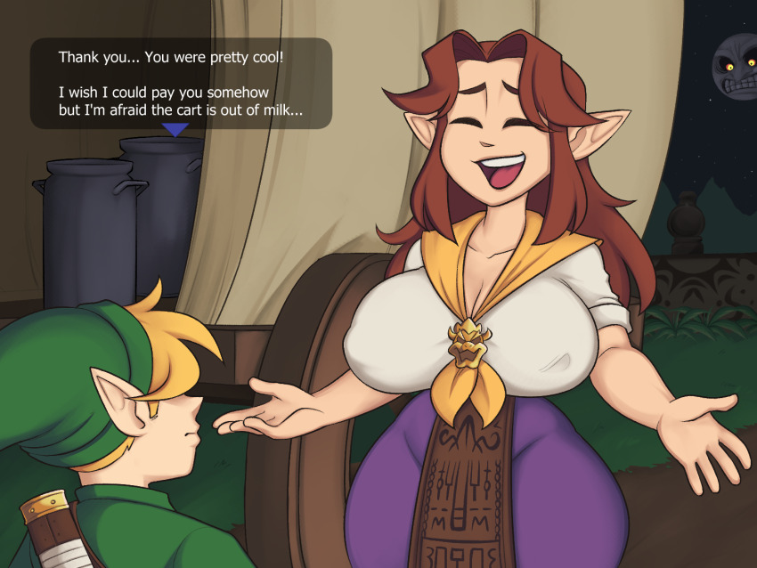 1boy 1girl agal1502 blonde_hair breasts brown_hair closed_eyes clothes cremia english_text huge_breasts link looking_at_viewer moon_(zelda) nintendo open_mouth pointy_ears size_difference smile speech_bubble the_legend_of_zelda the_legend_of_zelda:_majora&#039;s_mask thought_bubble