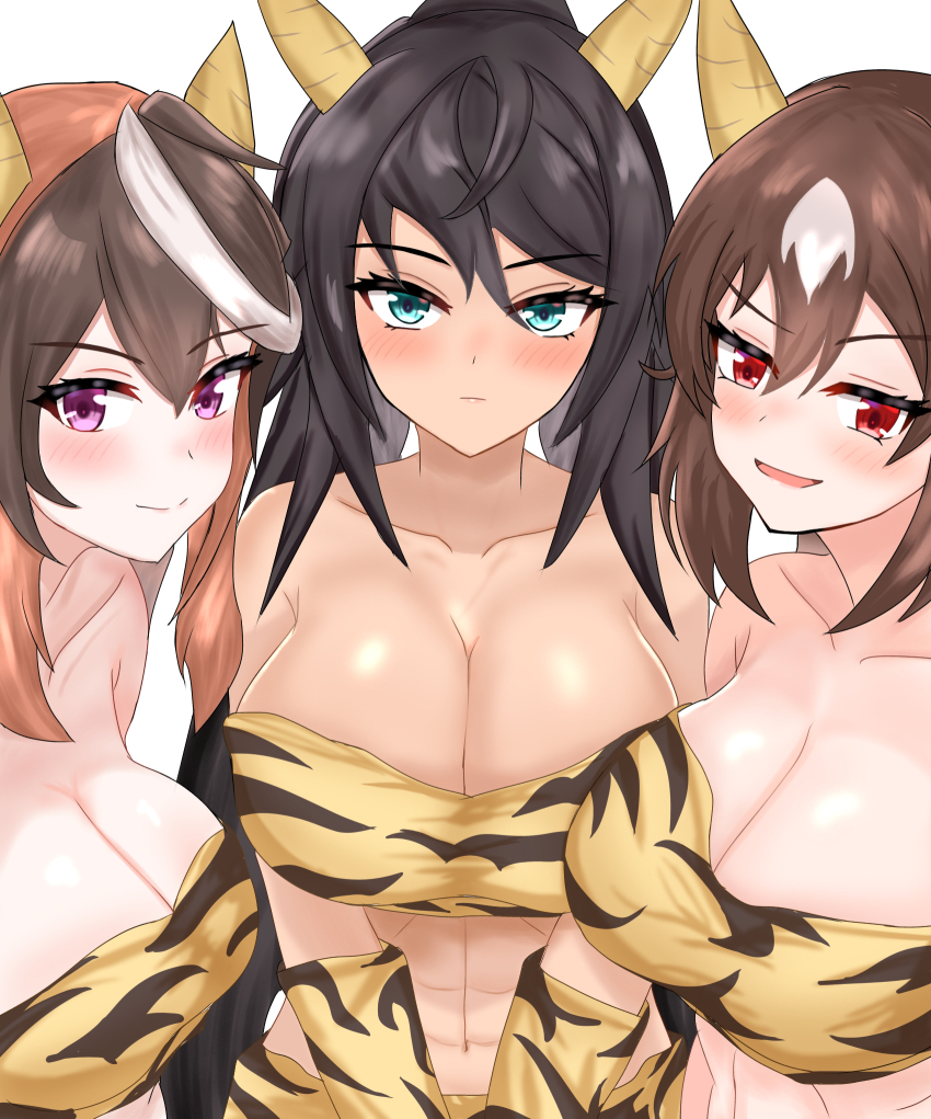 3girls abs alternate_costume animal_ears animal_print bare_shoulders black_hair blue_eyes blush breasts brown_hair cleavage collarbone commentary_request dark-skinned_female dark_skin ear_covers hair_between_eyes highres horse_ears horse_girl large_breasts long_hair looking_at_viewer multicolored_hair multiple_girls navel purple_eyes red_eyes sirius_symboli_(umamusume) smile stomach streaked_hair symboli_kris_s_(umamusume) symboli_rudolf_(umamusume) tiger_print tsumu618 umamusume upper_body white_hair