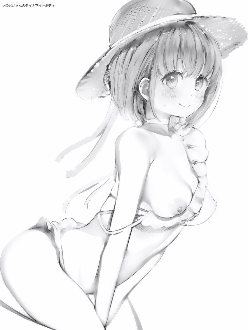 1girl absurdres blush breasts closed_mouth collarbone covered_erect_nipples greyscale harusaki_nodoka hat highres hololive looking_at_viewer medium_hair monochrome nanashi_(nlo) nipples one-piece_swimsuit one_breast_out simple_background smile solo sun_hat swimsuit thighs virtual_youtuber white_background