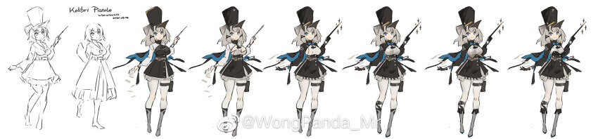 1girl bad_id bad_weibo_id bahao_diqiu boots concept_art full_body girls&#039;_frontline grey_hair hat highres kolibri_(girls&#039;_frontline) pantyhose simple_background solo watermark weibo_watermark white_background white_pantyhose