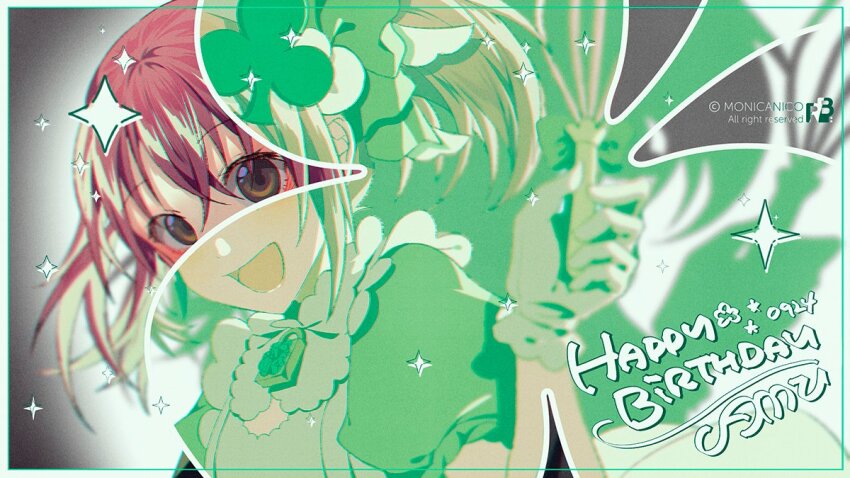 1girl amulet_clover apron artist_name bow character_name club_(shape) club_hair_ornament collar commentary_request copyright_notice crossed_bangs dated detached_collar dress eyelashes frilled_apron frilled_bow frilled_collar frilled_gloves frilled_sleeves frills gloves green_bow green_dress hair_between_eyes hair_bow happy happy_birthday hinamori_amu holding holding_whisk humpty_lock_(shugo_chara!) light_blush magical_girl maid monicanc one_side_up open_mouth pink_hair puffy_short_sleeves puffy_sleeves revealing_layer school_uniform seiyo_academy_school_uniform shadow short_hair short_sleeves shugo_chara! smile solo sparkle upper_body vignetting whisk white_apron white_background white_collar white_gloves yellow_eyes