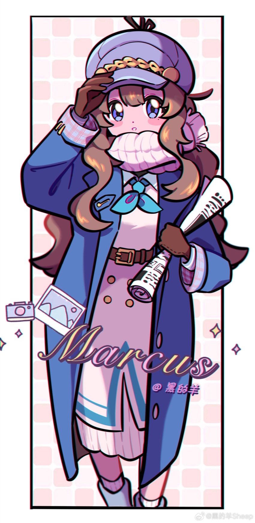 1girl :o absurdres adjusting_clothes adjusting_headwear ankle_boots artist_name belt blue_coat blue_eyes boots border brown_belt brown_gloves brown_hair newsboy_cap camera character_name checkered_background chromatic_aberration coat dress feet_out_of_frame gloves grey_hat hand_on_headwear hand_up hat hei_de_yang_sheep highres holding holding_newspaper long_dress long_hair long_sleeves looking_at_viewer marcus_(reverse:1999) mole mole_under_eye newspaper photo_(object) pink_background reverse:1999 rolled_up_newspaper scarf socks solo sparkle standing straight-on very_long_hair watermark wavy_hair weibo_watermark white_border white_dress white_scarf white_socks